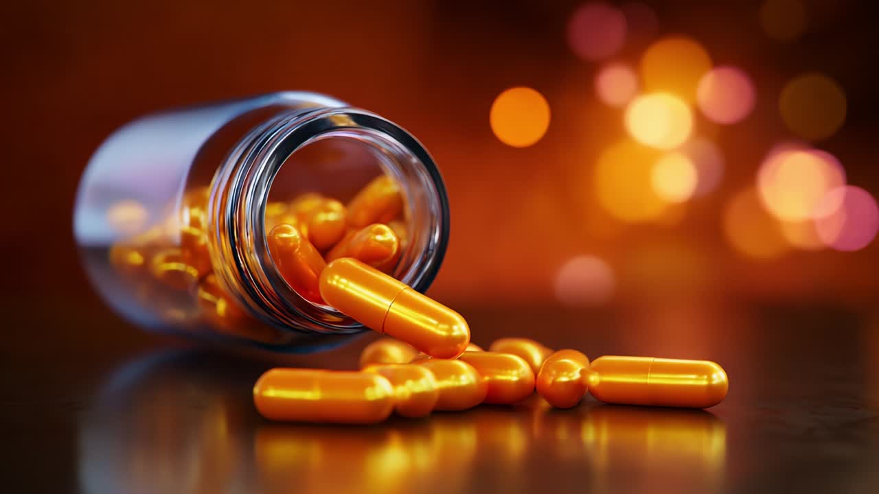 A Close-Up Visualization of Spilled Orange Capsules from a Glass Bottle Set Against a Beautiful Blurred Background, Highlighting the Color and Shine of the Supplements in an Artistic Setting