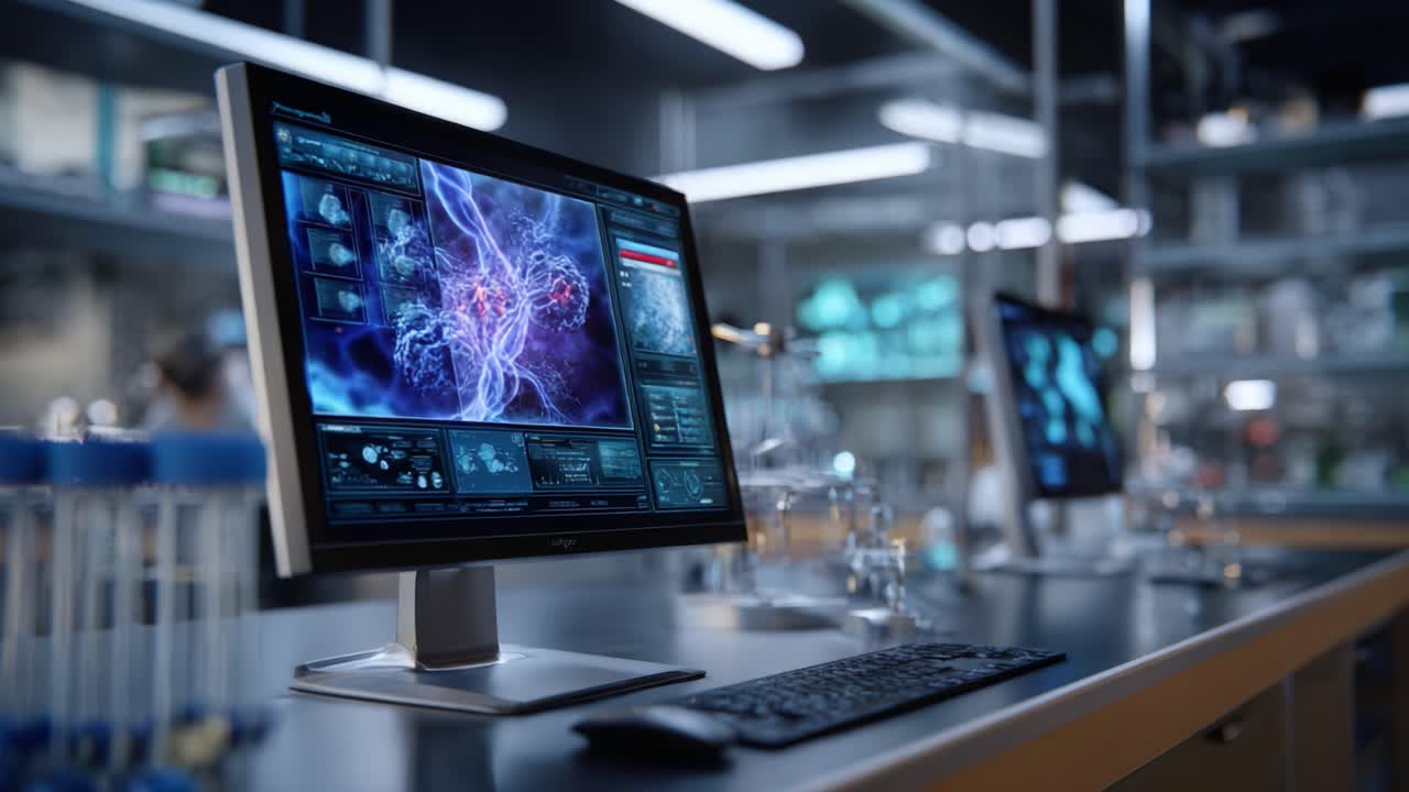 High-Tech Laboratory Setup Featuring Advanced Computer Monitors Displaying Complex Scientific Visualizations and Data in a Modern Research Environment