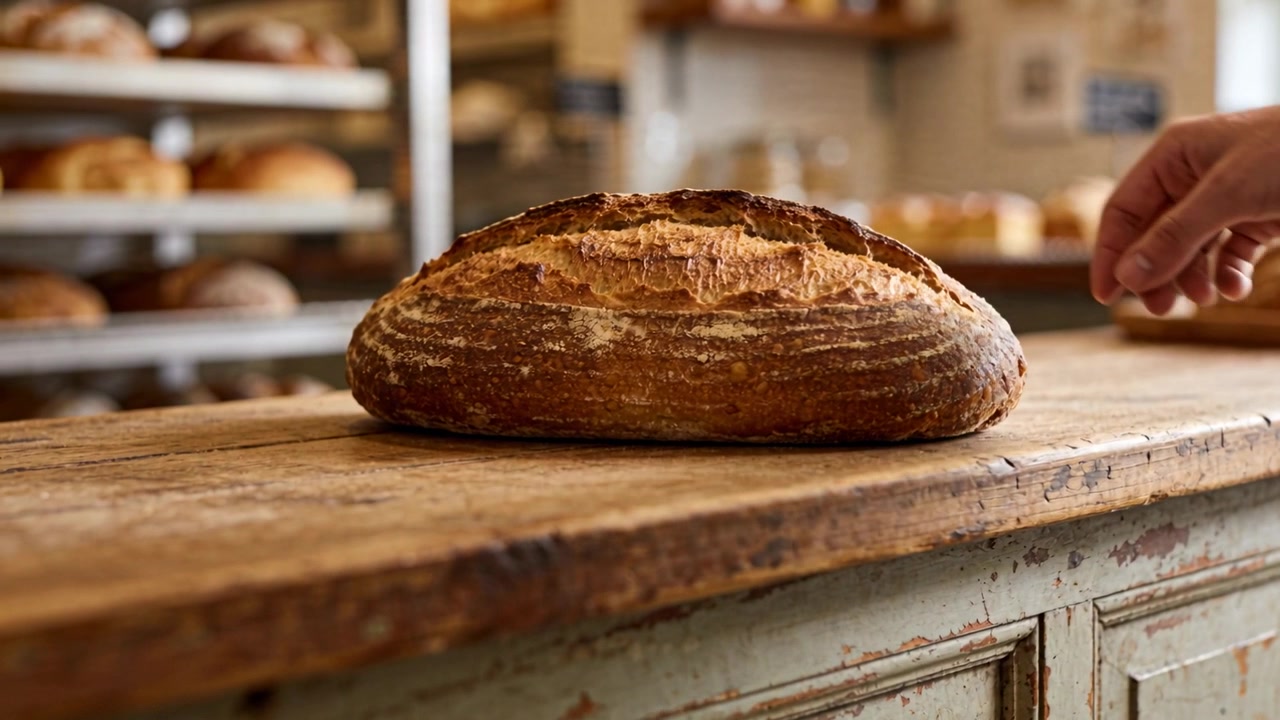Entering right hand pressing top-right crust on rustic bakery counter, inspecting loaf freshness