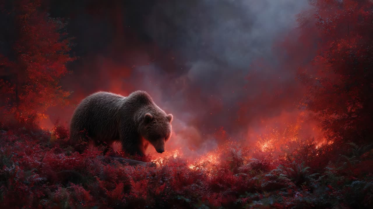 A Majestic Bear Navigating Through a Fiery Forest Landscape: A Striking Display of Nature's Beauty Amidst Wildfire Threats