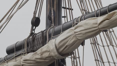 ferdinand magellan nao victoria carrack boat replica mast and sail tilt detail shot in slow motion 60fps