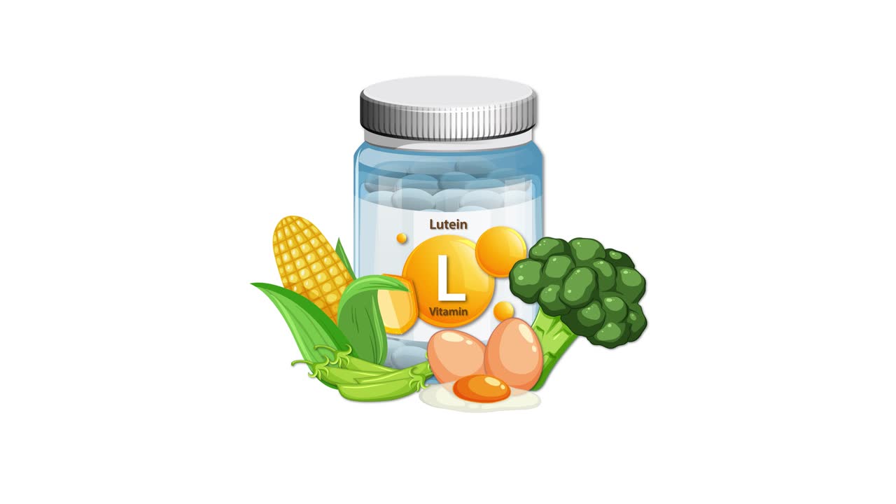 Lutein supplement bottle with corn, broccoli, and eggs appears on white background, smooth transition