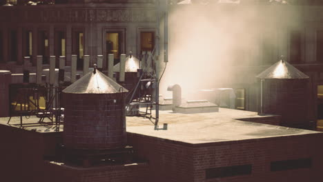 steam rises from water towers on a city rooftop at sunset
