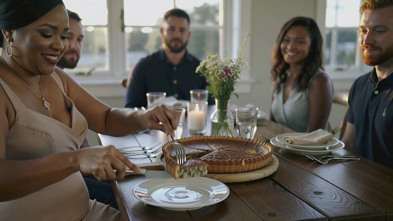 Dessert ready, slicing woman in dress serving tart slice to friends at dining table, copy space