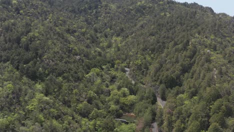 Aerial-shot-of-Konze-Alps-mountain-with-road-leading-through-forest