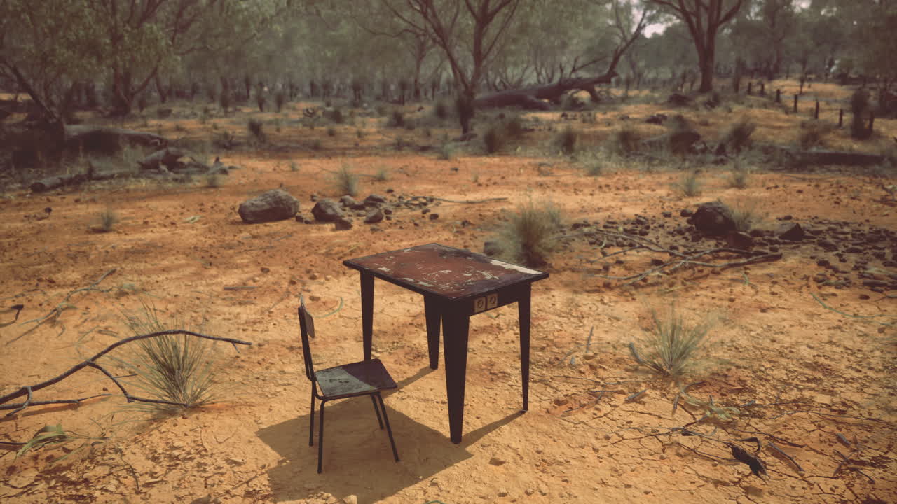 Lonely school table and chair abandoned in the arid wilderness during midday