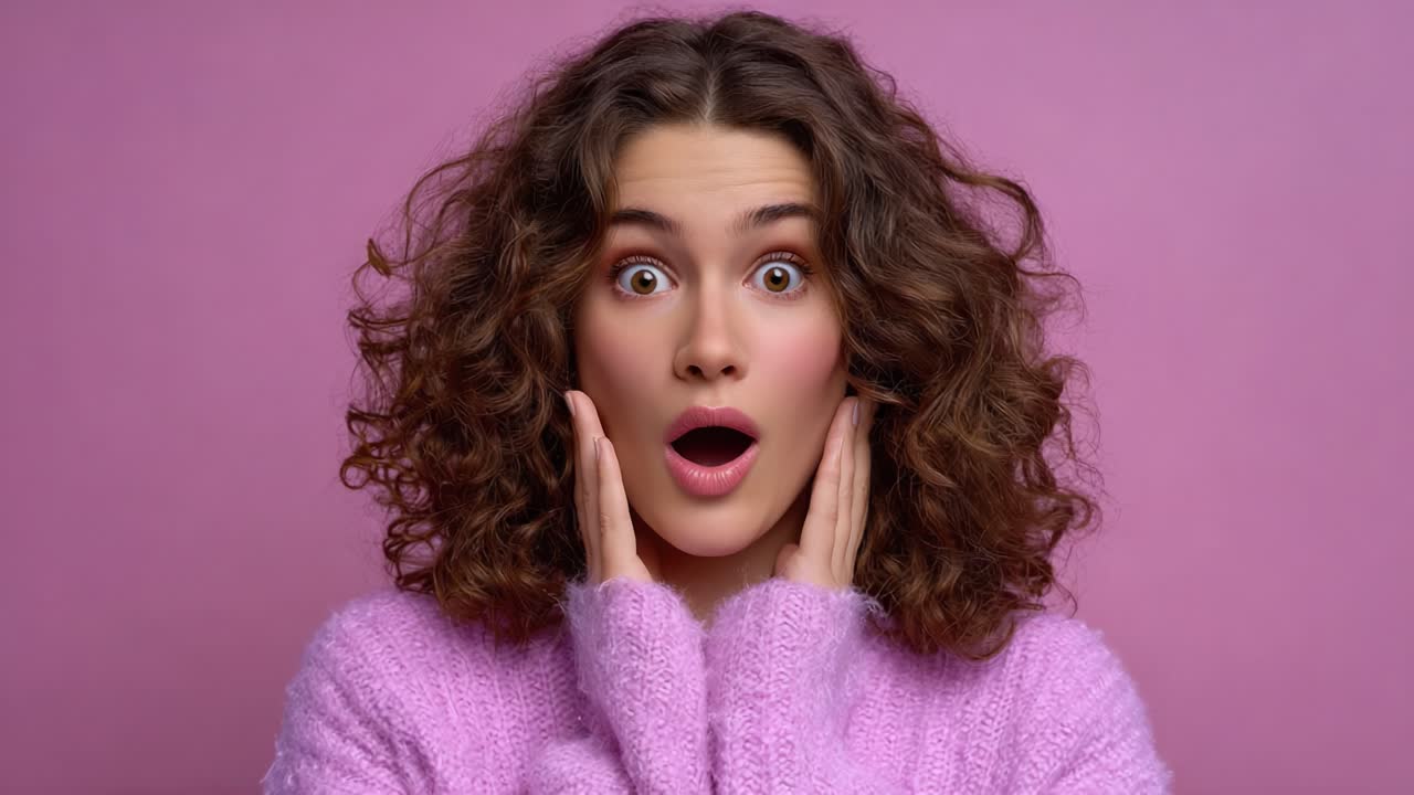 A Surprised Young Woman Expressing Awe and Delight Against a Soft Pink Background, Captured in Two Frames of Her Animated Reaction