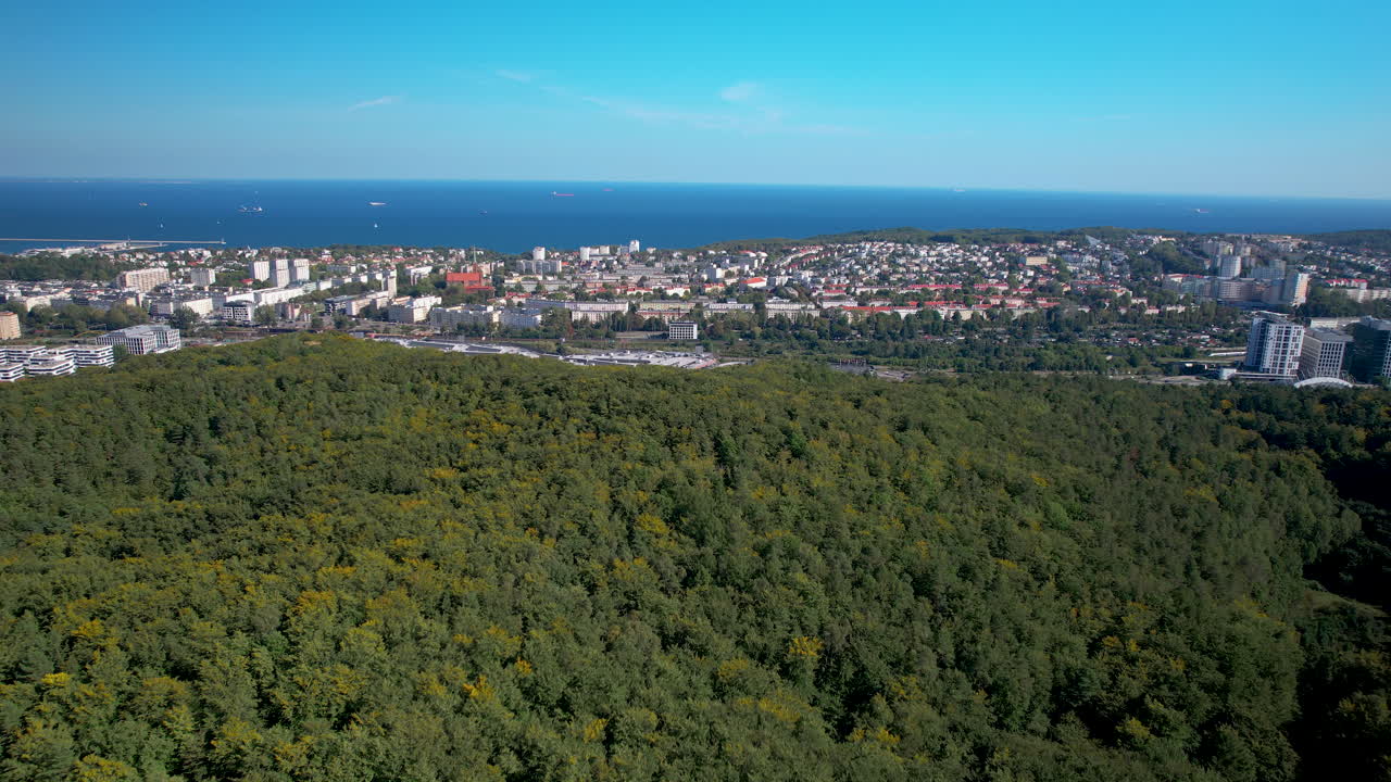 폴란드의 gdynia의 witomino에 있는 울창한 숲과 해안 도시의 파노라마 풍경