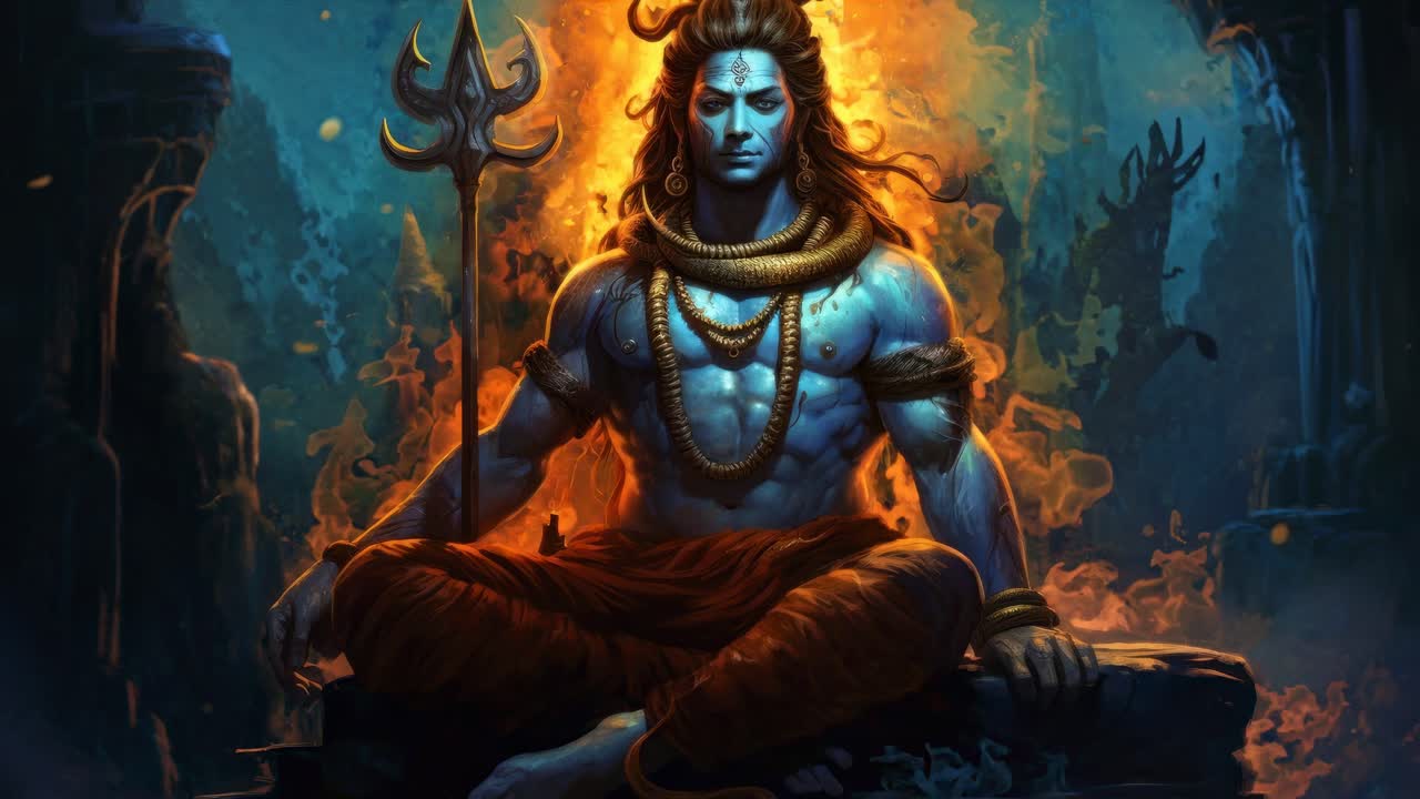 A mystical, vibrant illustration of a deity in meditation, viewed from a low angle