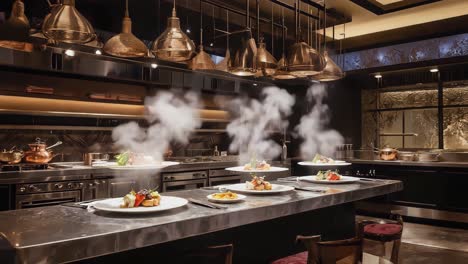 a view of a professional kitchen with multiple steaming plated dishes on a counter