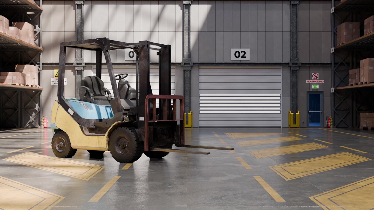 Carrello elevatore giallo parcheggiato in un grande magazzino industriale