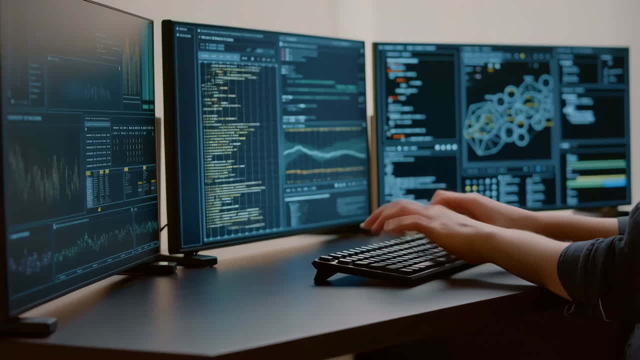 Developer working on a multi-monitor setup with code and data displays