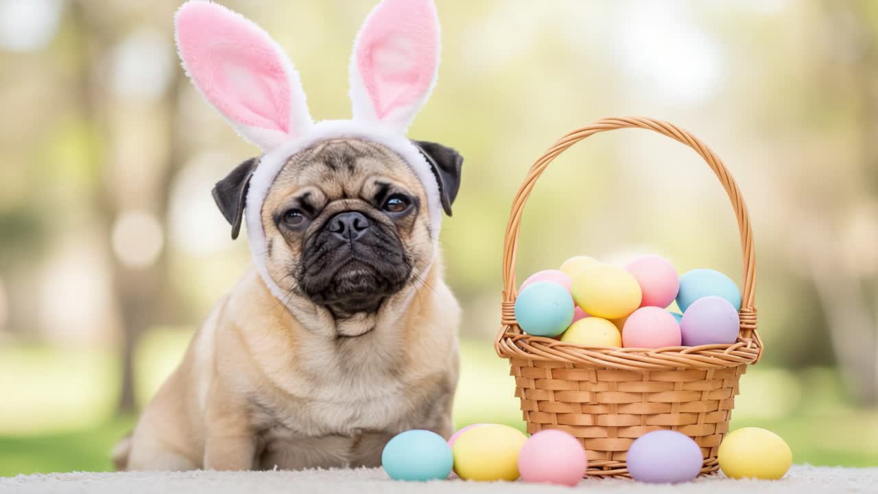 Adorable Pug Wearing Bunny Ears with Colorful Easter Eggs in a Basket, Capturing the Joyful Spirit of Spring Celebrations and Festivities in a Beautiful Outdoor Setting
