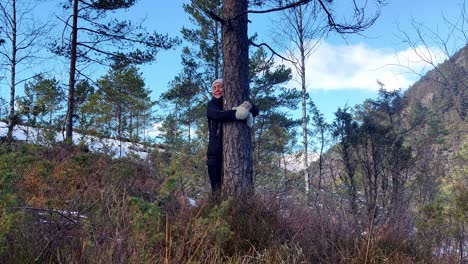 Happy-smiling-woman-approaching-and-hugging-a-pine-tree-out-in-nature---Static-clip-with-blue-sky-background