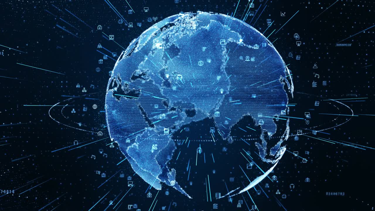 글로벌 통신의 아이콘을 가진 디지털 데이터 네트워크 연결 - 고속 연결 데이터 분석 - 비즈니스 연락 및 네트워크 데이터 교환 배경 개념