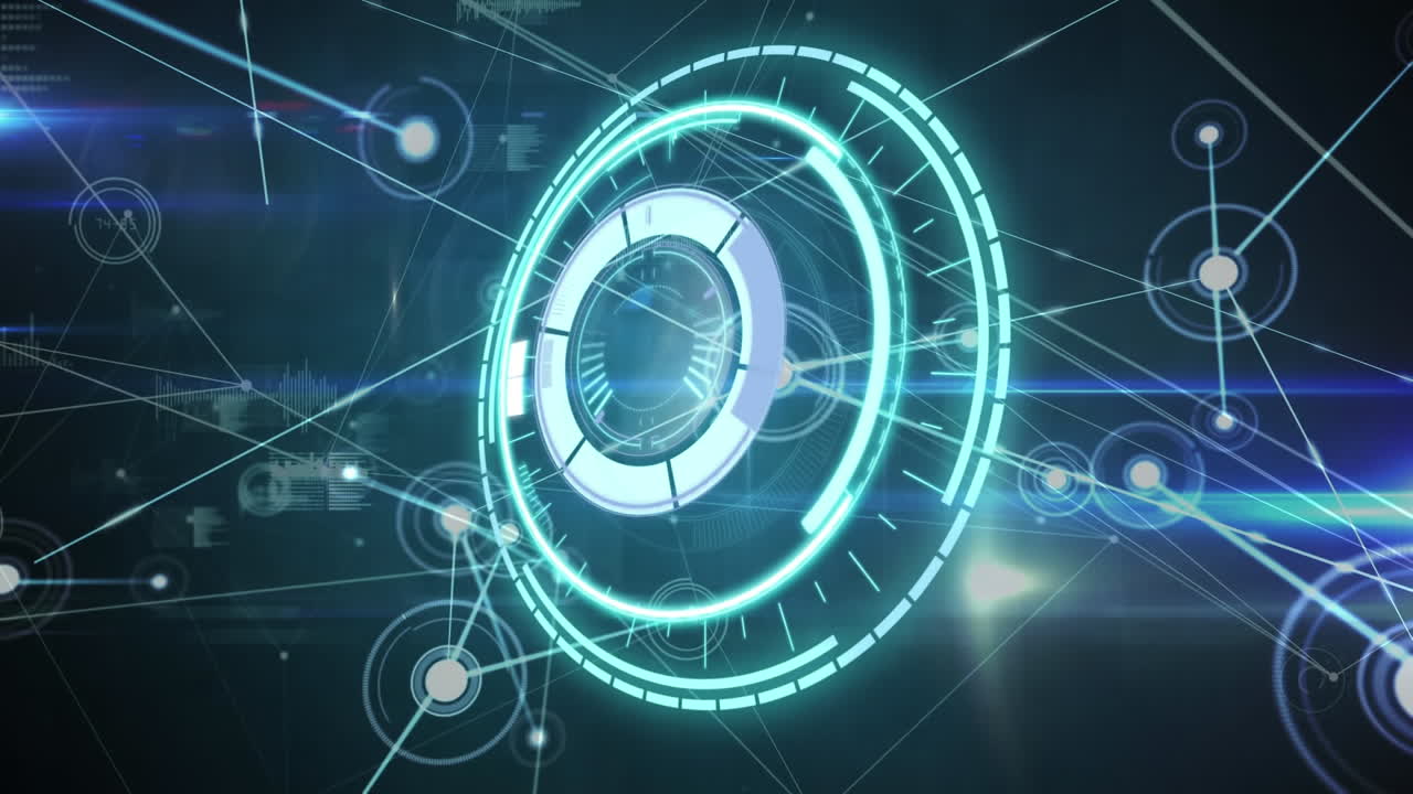 정보를 처리하는 원형 스캐너와 빛나는 연결 네트워크의 애니메이션