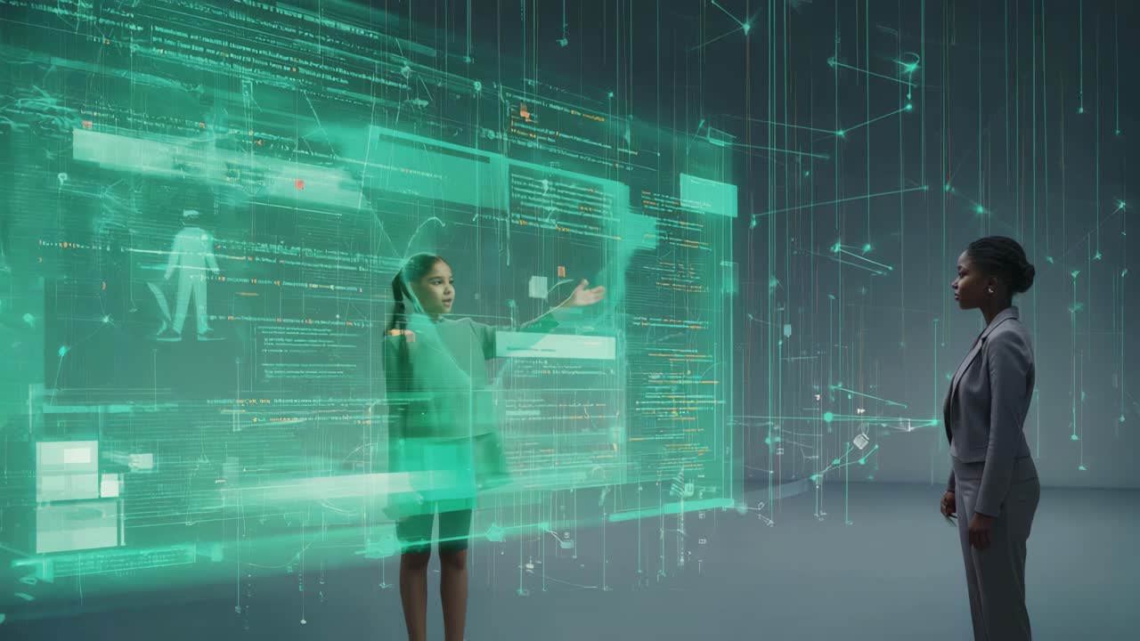 Young Girl Interacting with Holographic Data Display