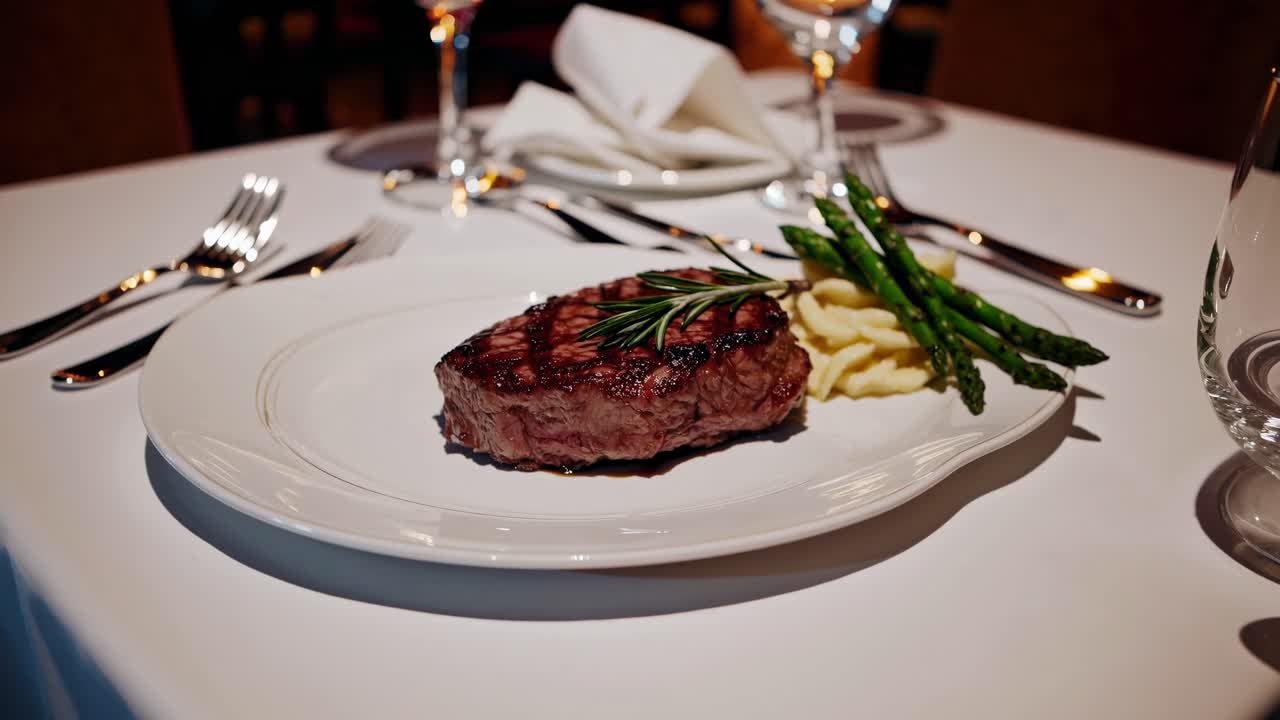 Succulent grilled steak garnished with rosemary, served alongside creamy mashed potatoes and fresh asparagus, elegantly presented on a fine dining table setting