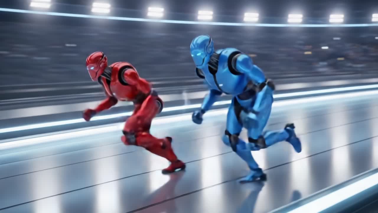 Dynamic Race: Two Futuristic Robots Compete in a High-Speed Sprint on a Sleek Track, Highlighting Advanced Technology and Athleticism in a Stunning Visual Display