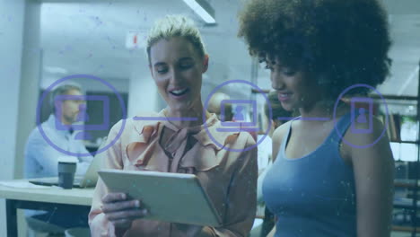 animation of diverse businesspeople in office and network of connections with icons