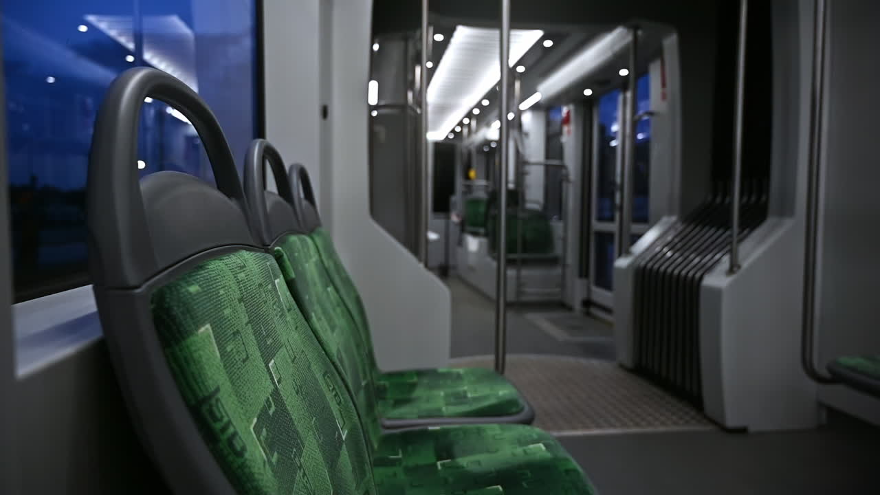 Green seats empty on the bus in the evening in Bucharest, Romania
