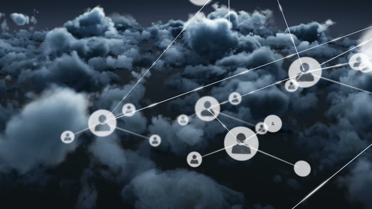 animación de la red de conexiones con las personas iconos sobre el cielo con nubes