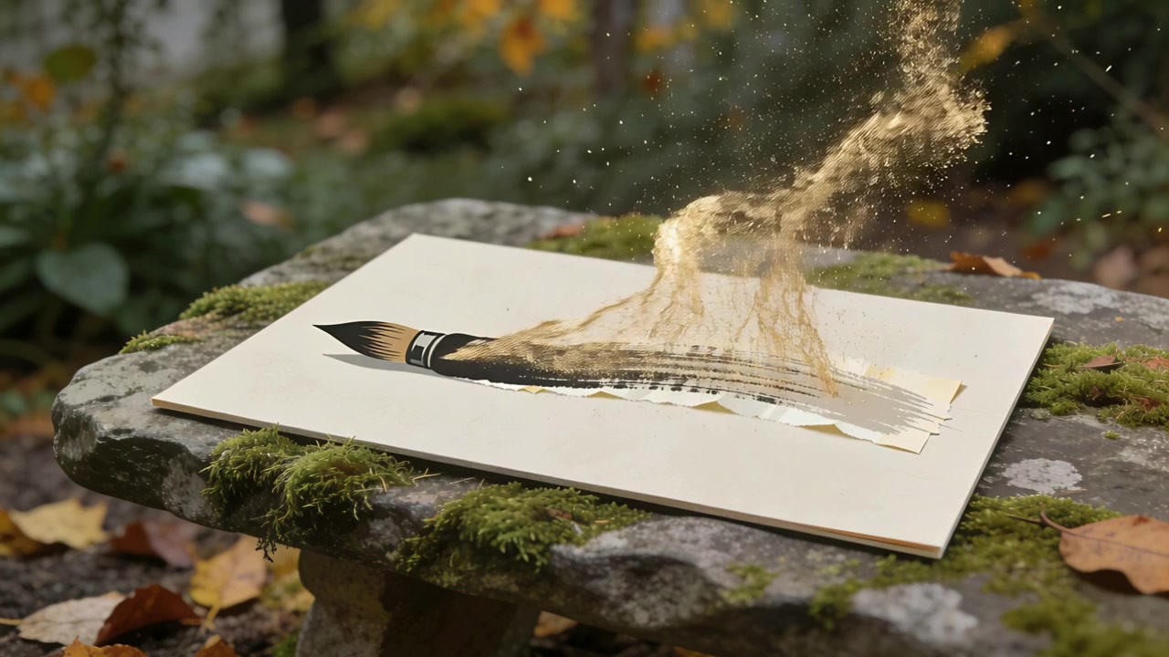 Tratto di vernice che erutta rilasciando polvere dorata che sale, si apre a ventaglio e cade su una panca di muschio su foglio color crema