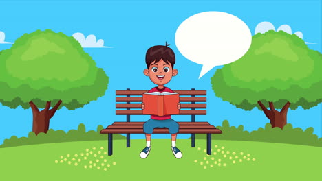 niño estudiante leyendo un libro sentado en una silla de parque personaje animado