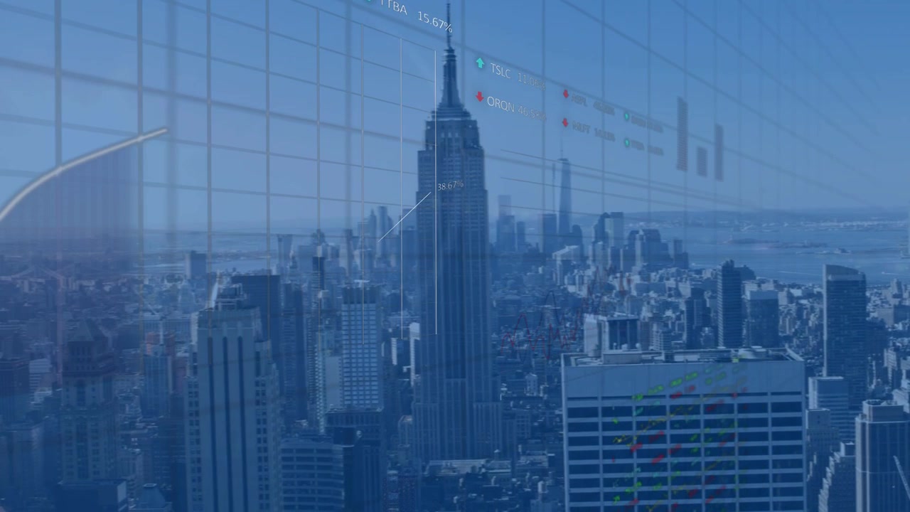 財務ブリーフィング向けに、グリッド出現後、都市のスカイラインが中央に配置され、折れ線グラフと棒グラフがアニメーション表示される