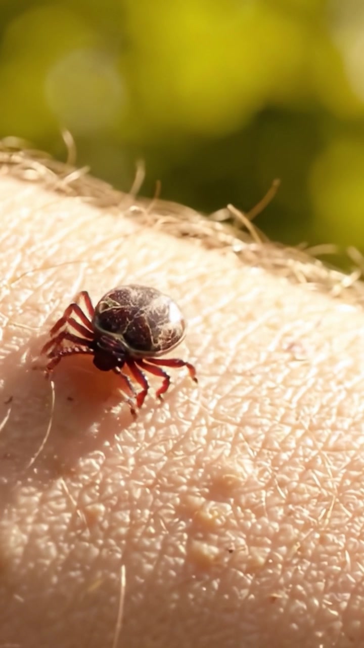 Una Observación Detallada de una Garrapata Moviéndose sobre la Piel Humana Bajo Luz Natural, Mostrando sus Características Distintivas y el Entorno Circundante