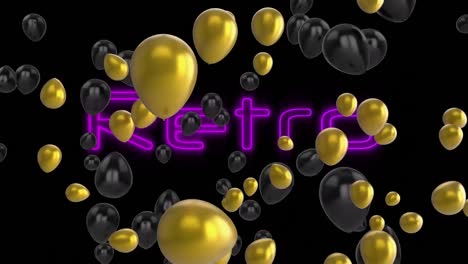 Golden-and-black-balloons-floating-over-neon-purple-retro-text-signboard-against-black-background