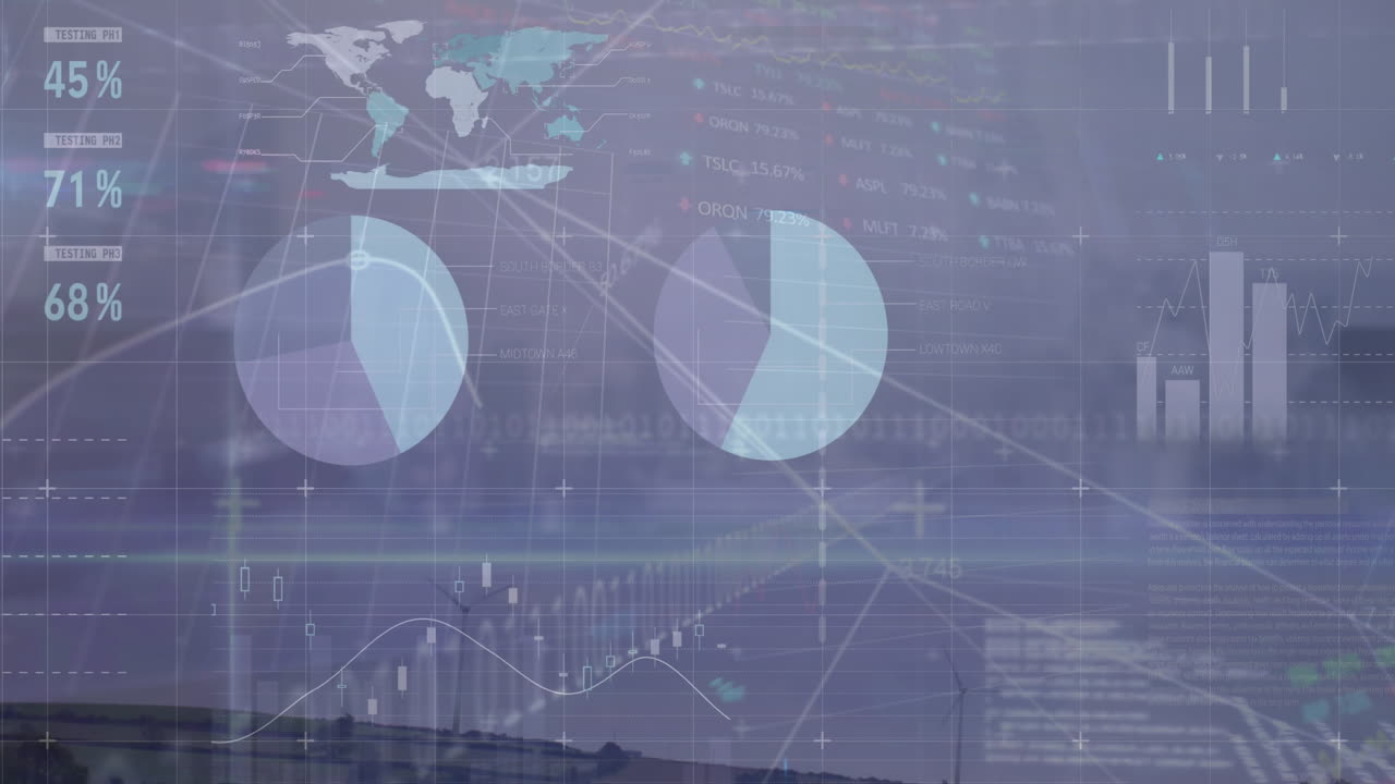 Animation of statistical and stock market data processing against aerial view of cityscape