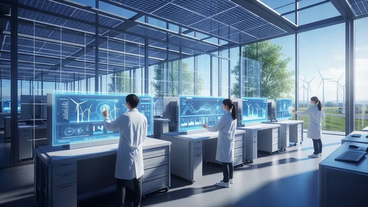 A Modern Laboratory Showcasing Researchers Analyzing Renewable Energy Data with Advanced Technology and Large Transparent Screens in an Eco-Friendly Environment