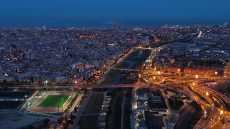 aerial view of barcelona city skyline and nus de la trinitat. barcelona, catalonia, spain. ronda de dalt, ronda litoral