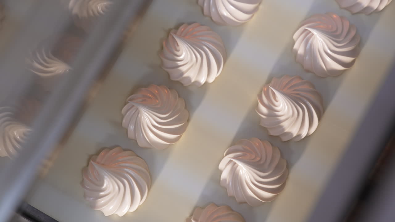Beautiful creamy vanilla marshmallows come from a machine. Conveyor belt with fresh zephyr desserts. Close up. Top view.