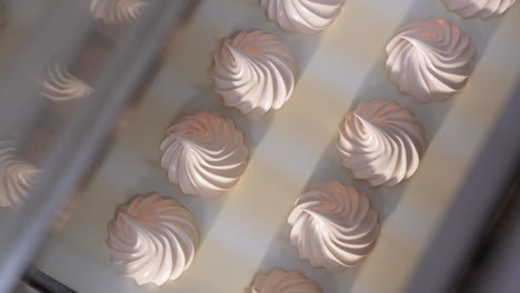 beautiful creamy vanilla marshmallows come from a machine. conveyor belt with fresh zephyr desserts. close up. top view.