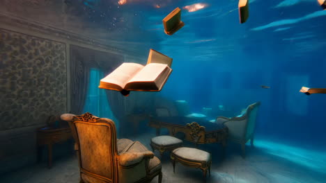 submerged elegant room with floating books
