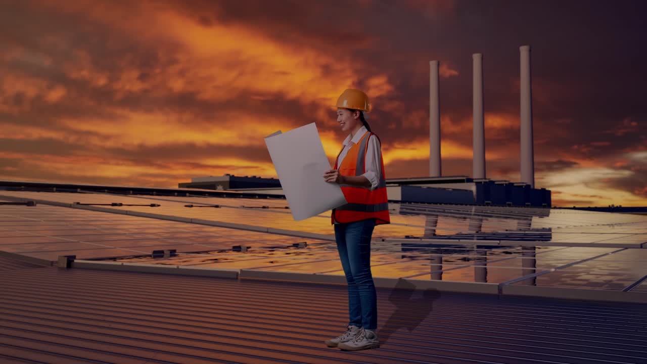Helkropssidebillede af asiatisk kvindelig ingeniør med sikkerhedshjelm, der kigger på en tegning i sine hænder, mens hun står og inspicerer solpaneler på et tag ved solnedgang.