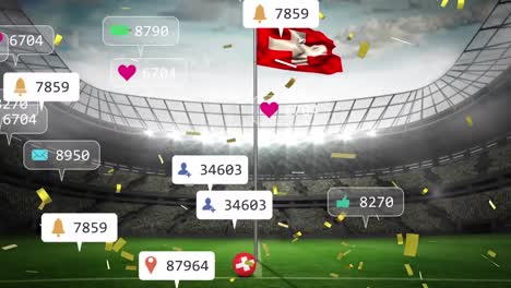 animation of social media icons and confetti falling over waving switzerland flag and sports stadium