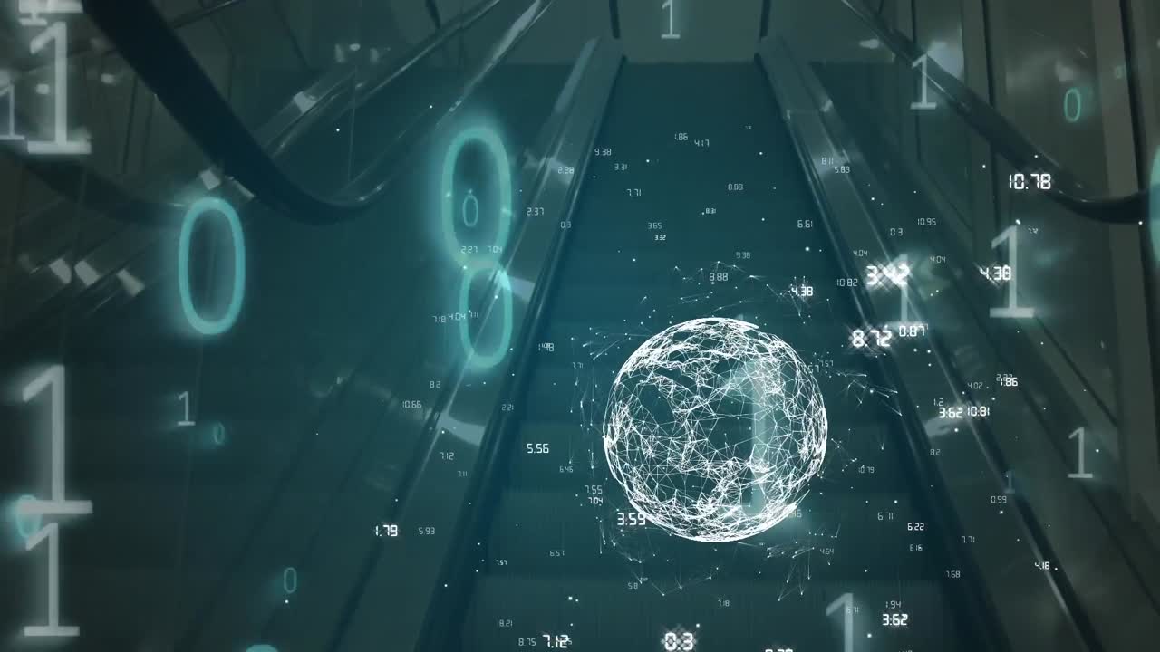 Animation of globe of network of connections and binary coding data processing