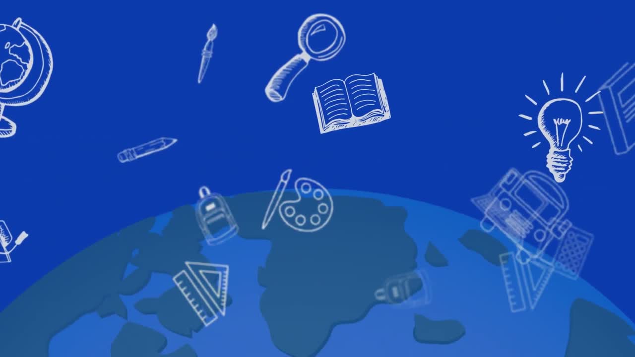 Animation of school icons floating over blue globe and blue background