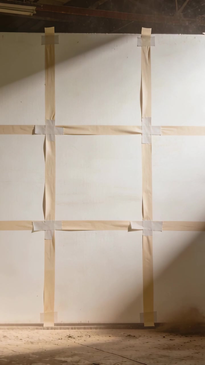 Video verticale: Mostra una griglia di nastro adesivo 3x3 su una parete bianca in studio, con un fascio di luce che rivela la polvere che fluttua.