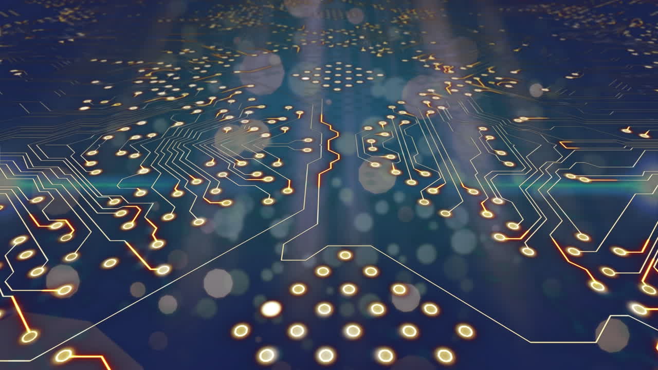 animación de las conexiones del microprocesador sobre puntos de luz que flotan contra un fondo azul
