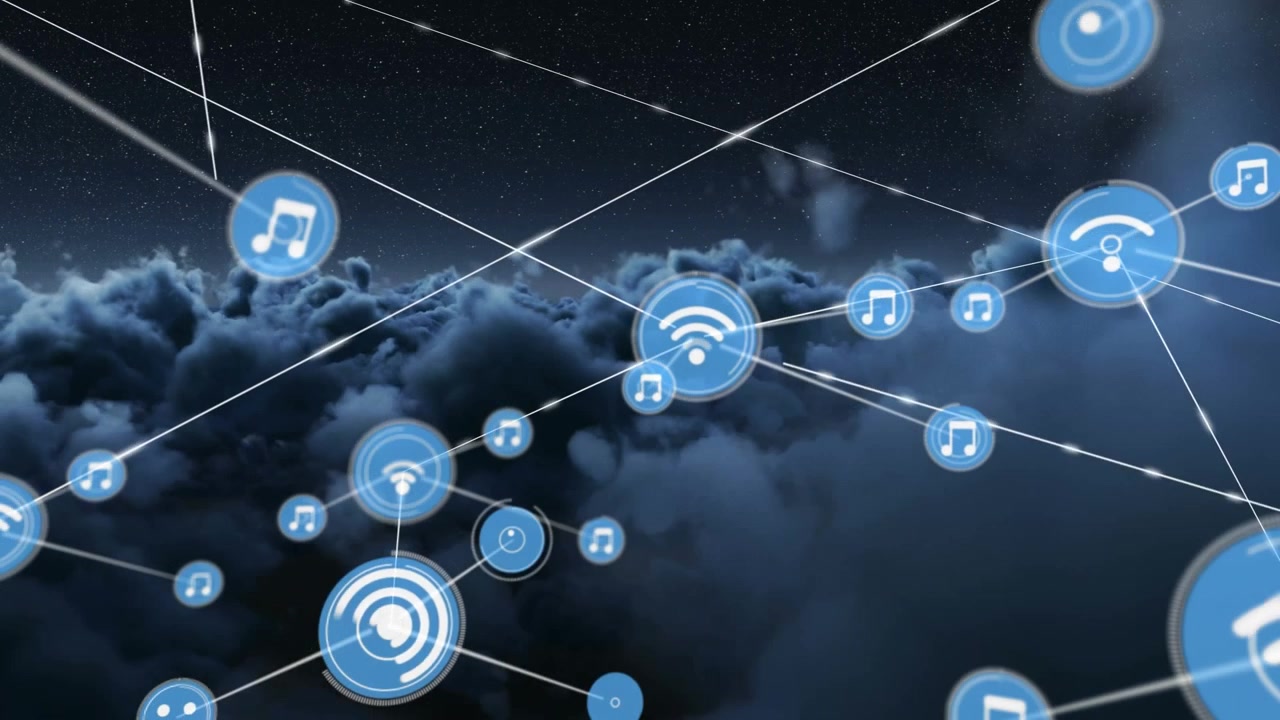Animated icons networking and digital interface concept highlighted in video.