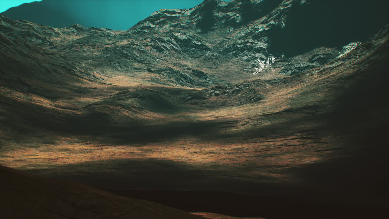 Majestic mountain landscape with dramatic shadows at dusk near a serene valley