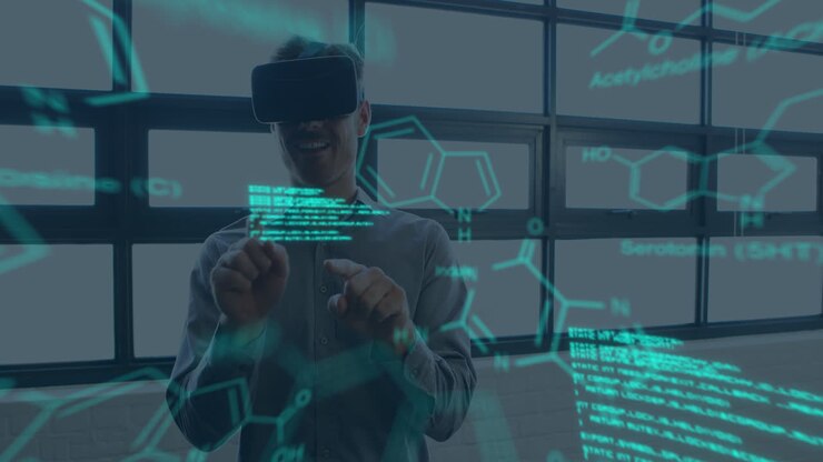 Animation of data processing over caucasian man using vr headset