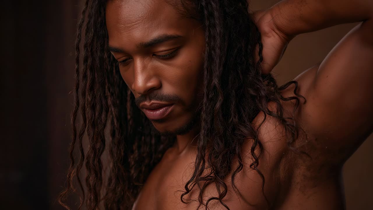 Tenendo ferma una camera stabile, uomo adulto a torso nudo che sposta i lunghi capelli intrecciati per trovare sollievo in una stanza calda
