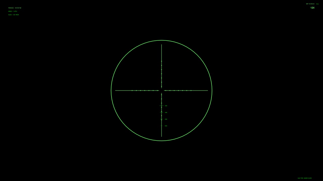 Scenen viser et militært heads-up display med trådkors og markører. Interfacet fremstår mørkt med grøn grafik. Denne indstilling er til science fiction-produktion