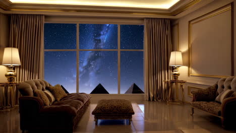 luxurious bedroom with a view of the pyramids at night