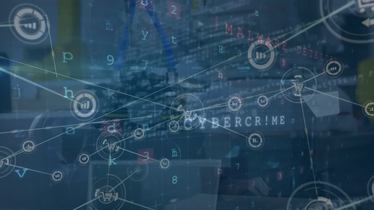 Animation of warning text and network of connections over office